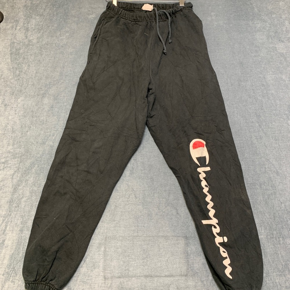 VTG Champion Reverse Weave Sweatpants Mens Small Black Spellout Logo